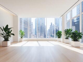 Fototapeta premium Bright and modern interior with plants overlooking city buildings