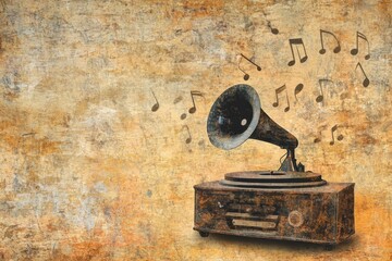 An aged gramophone playing music notes on a vintage textured backdrop