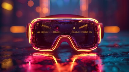 Futuristic neon-lit virtual reality goggles resting on a reflective surface in a vibrant urban setting