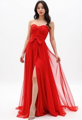 A young woman strikes a seductive pose in a bold red dress featuring a dramatic oversized bow, her confident gaze directed at the camera, against a clean white background with soft lighting