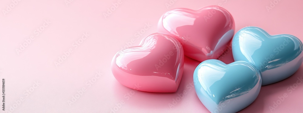 Poster a delightful arrangement of three colorful heart-shaped decorative objects on a soft pink background
