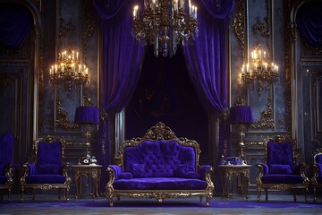 Luxurious royal sitting room with purple velvet furniture, elegant interior design