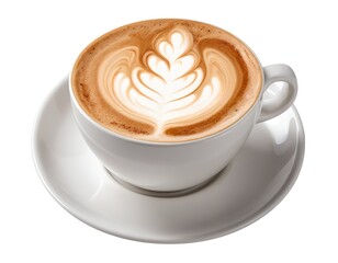 Cappuccino with Latte Art in White Cup and Saucer
