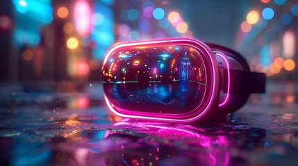 Futuristic virtual reality headset reflecting vibrant city lights in a rainy urban environment