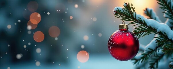 Snow-covered branch holds a warm red ornament, branch, holiday, festive