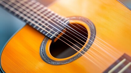 Obraz premium Close-Up of Acoustic Guitar Showing Strings and Sound Hole Detail