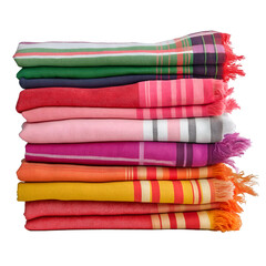 Stack of Colorful Striped Towels with Fringes Isolated on White or Transparent