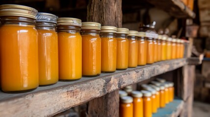 Glass honey jars are beautifully arranged on a rustic wooden shelf, softly lit, creating a warm and inviting atmosphere in the store with ample copy space
