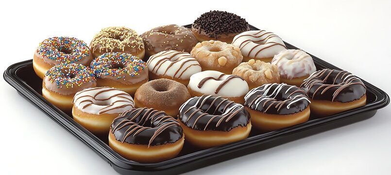 A tray of assorted donuts with different flavors and toppings, including chocolate and sprinkles