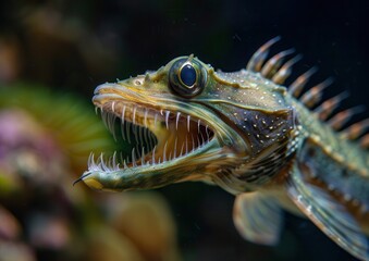 Close-up of a colorful venomous marine fish with sharp spines and vivid patterns.