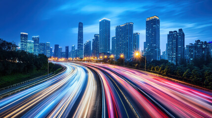 Obraz premium Urban Nightscape with Traffic Lights and City Skyline at Dusk