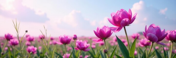 Fototapeta premium stunning purple peony blooms in a field of tall grass and sky on pale light purple ground, floral, flowers, peonies