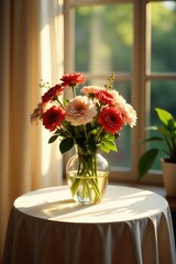 Sunbeams illuminating a table with a vase of fresh flowers, fresh flowers, decorative arrangement, highlighting details