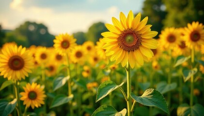 Fototapeta premium sunflower field with yellow and orange roses blooming, landscape, garden