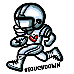Touchdown football player running with heart logo, representing speed and power. Ideal for trendy sports apparel and energetic branding.