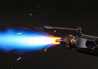 Close-up of a lit blowtorch with bright blue flame.