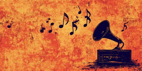 An antique gramophone is playing musical notes in a sepia toned art