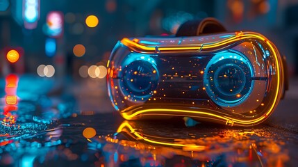 Futuristic virtual reality headset illuminated by neon lights on a wet street at night, showcasing urban reflections