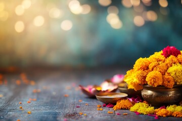 Bright marigolds and lotus flowers adorn a festive table during the lively Onam festival, showcasing colorful offerings against a vibrant backdrop