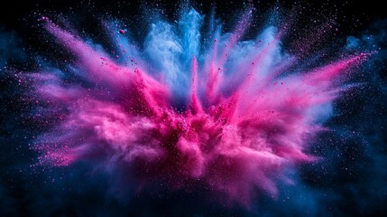 Vibrant pink and blue powder explosion on black background.