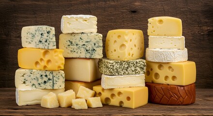 Aromatic Assortment of Gourmet Cheeses Stacked on Rustic Wooden Surface
