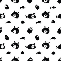 Black and White Seamless Pattern Featuring Cute Animals and Fish, Modern Stylized