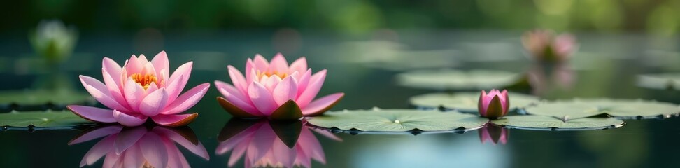 Water lilies with colorful lotus flowers on the surface, still life, peaceful