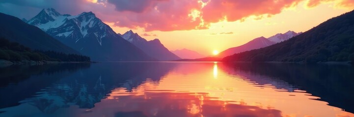 Obraz premium Water surface reflected in the sky at sunrise, mountainside, landscape