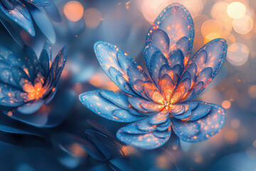 Glowing blue fractal flower with intricate details and warm center, bokeh background.