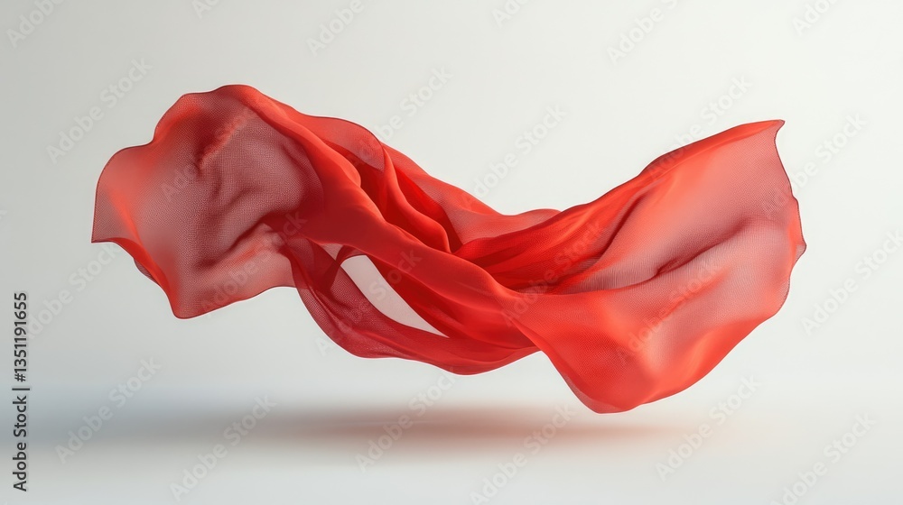Poster flowing red fabric gracefully suspended in mid-air, creating a dynamic visual effect against a soft 