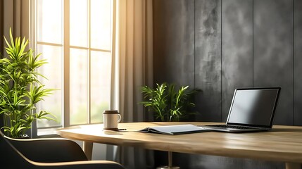 Modern Home Office Workspace with Laptop and Plants
