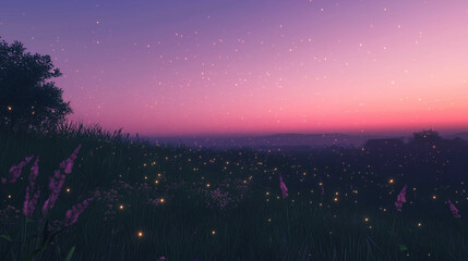 Naklejka premium Magical twilight meadow with fireflies and starry sky.