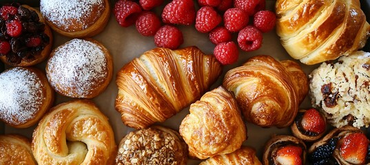 A tray of assorted pastries including croissants, muffins, and danishes