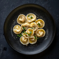A rustic black plate with freshly cooked pelmeni, glistening with butter and garnished with finely chopped green herbs. Dramatic lighting highlights the smooth texture of the dumplings against a deep 