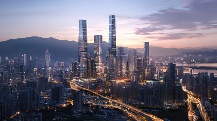 Fototapeta premium Urban cityscape with modern high-rise buildings and illuminated streets