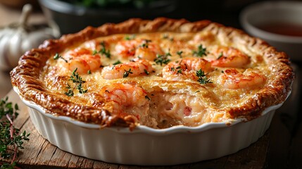 Delicious shrimp pie with golden crust and fresh herbs on wooden table