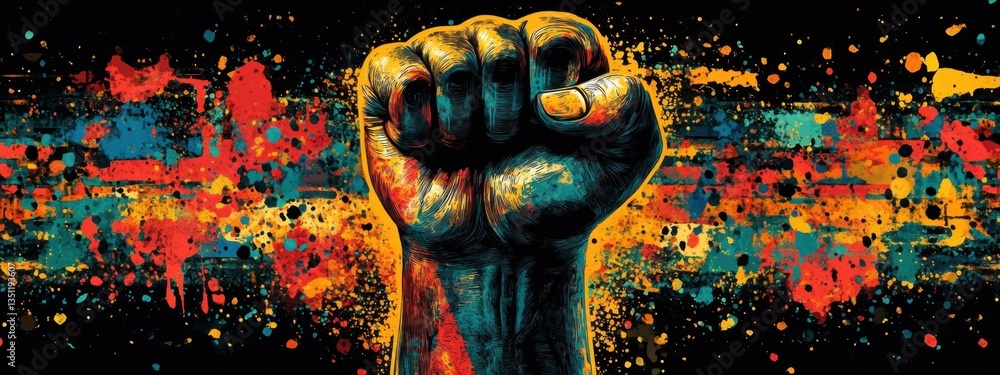 Poster a powerful artistic representation of unity and strength through a colorful fist raised in defiance