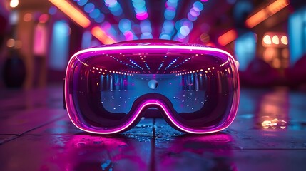 Futuristic VR headset illuminated by vibrant neon lights in a modern tech environment, showcasing innovation