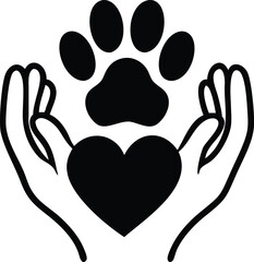 Black Outline of Heart, Human Hands, and Paw Print Isolated on White Background