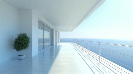 Obraz premium Modern minimalist balcony overlooking a tranquil ocean.