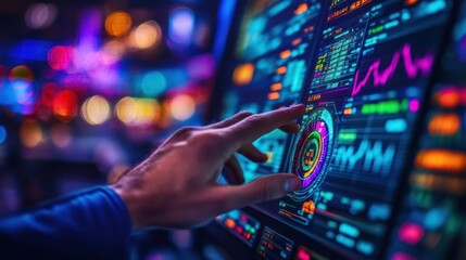 Interactive Data Visualization: A Hand Interacts with a Futuristic Display Showing Dynamic Charts and Graphs