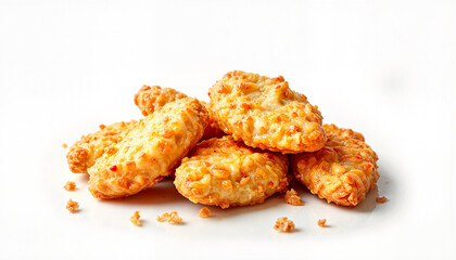 Freshly baked cheese snacks on white background, delicious cravings