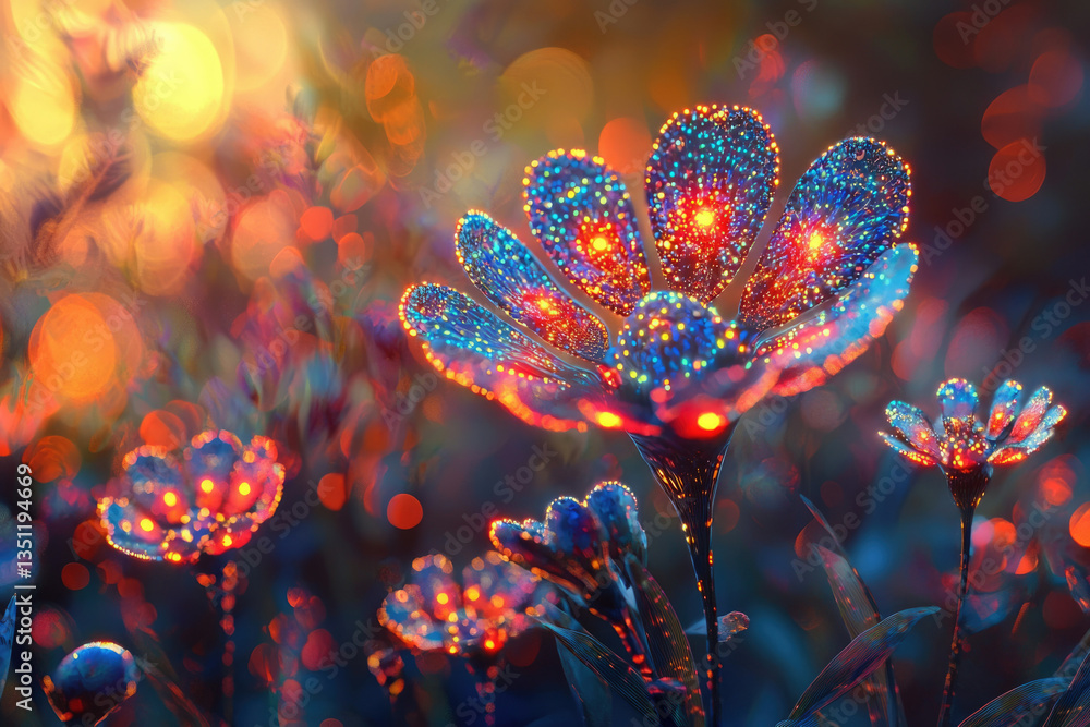 Poster luminous, bioluminescent flowers glow brightly in a field at sunset, creating a magical, surreal sce
