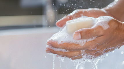 Fototapeta premium Hands washing with soap under running water for hygiene