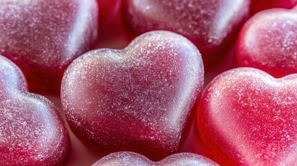 A vibrant close-up of an assortment of heart-shaped candies in various colors, including pink, red, and white, showcasing their glossy surfaces and playful messages.