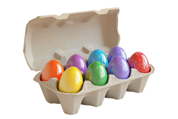 Carton holding colorful eggs in shades of purple, blue, yellow, green, red, and cyan, isolated on white transparent background, symbolizing Easter