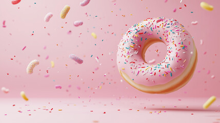 A cheerful 3D cartoon of donuts with sprinkles, celebrating with confetti on a pink background, perfect for a children's party or candy bar invitation, filled with fun and color.
