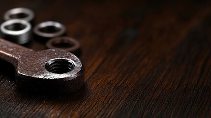 Rusty wrench and nuts on dark wooden table
