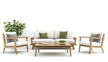 White living room interior with a wooden coffee table, sofa, and armchair in a Scandinavian style