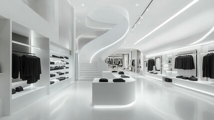 Modern minimalist clothing store interior with white walls, curved staircase, and black clothing displays.